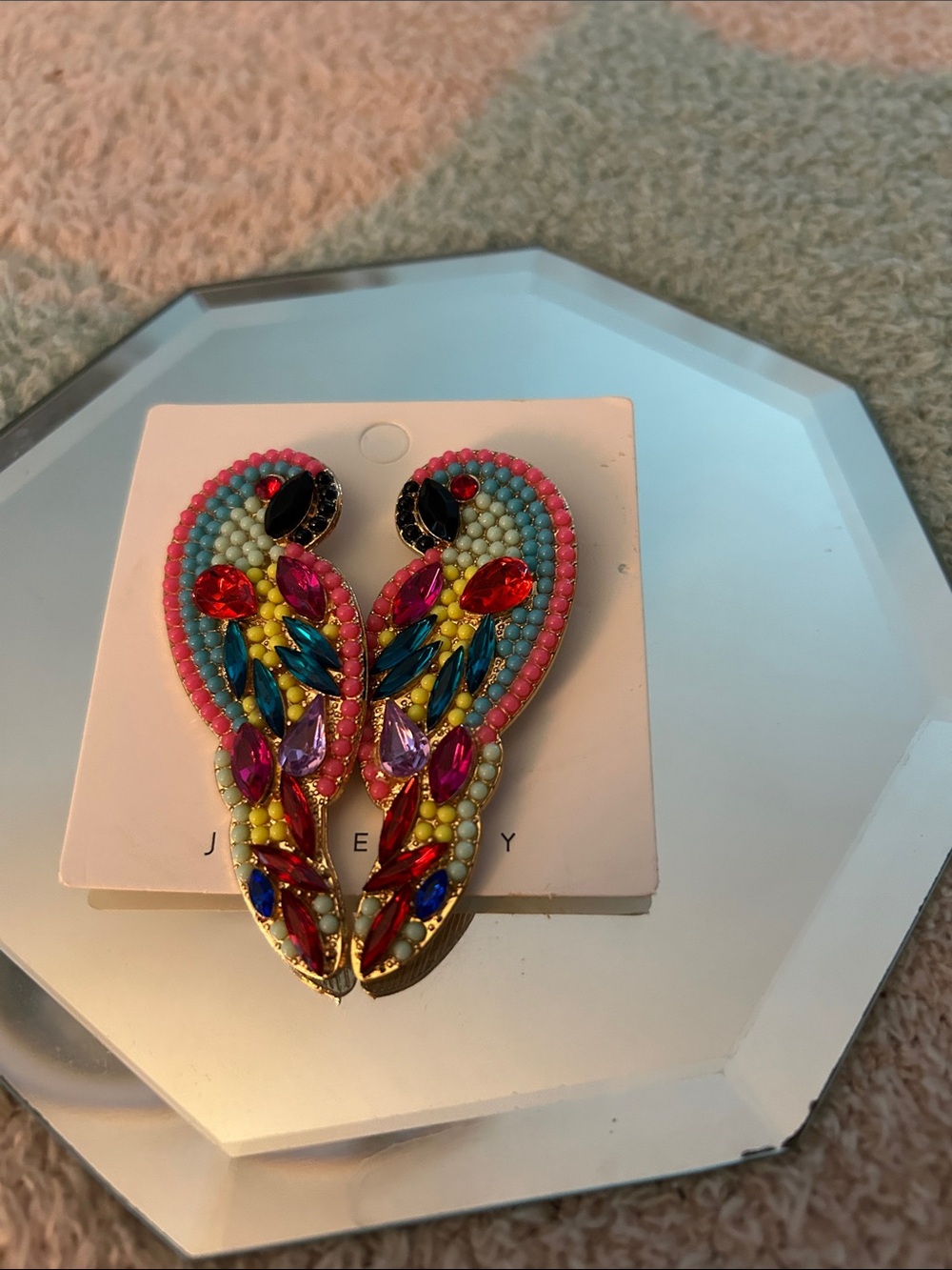 Handmade Beaded Flamingo & Colorful Parrot Statement Earrings - Pink, Multi - Picture 3 of 11